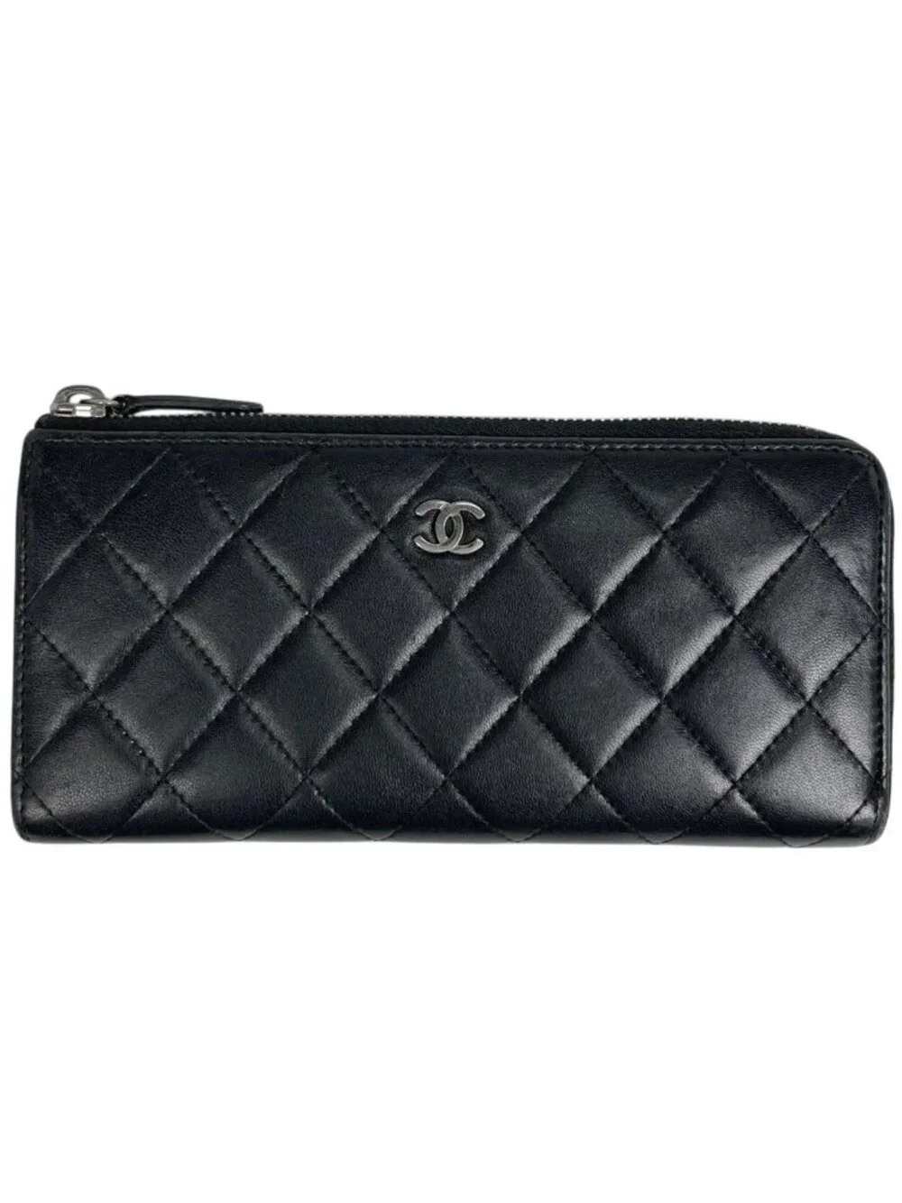 Chanel CC Logo L-Shaped Zipper Wallet Quilted Leather Black